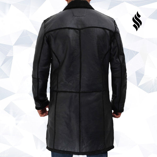 Rockville Mens Black Winter Shearling Leather Trench Coat - Shearling leather