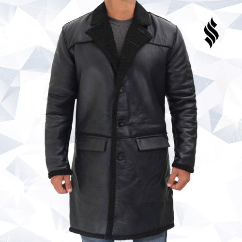 Rockville Mens Black Winter Shearling Leather Trench Coat - Shearling leather