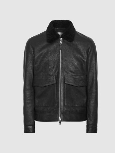 Black Shearling Collar Aviator Leather Jacket
