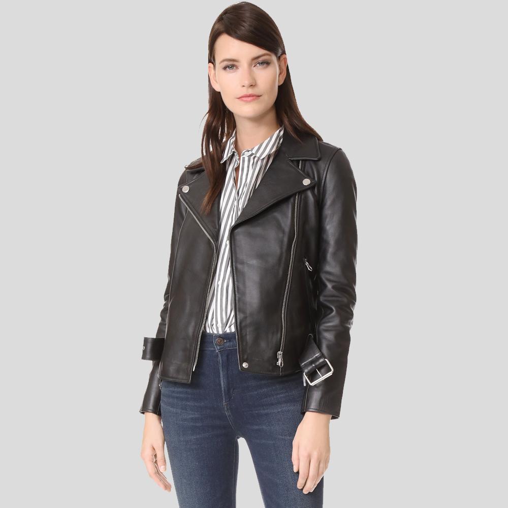 Sandra Black Biker Leather Jacket - Shearling leather