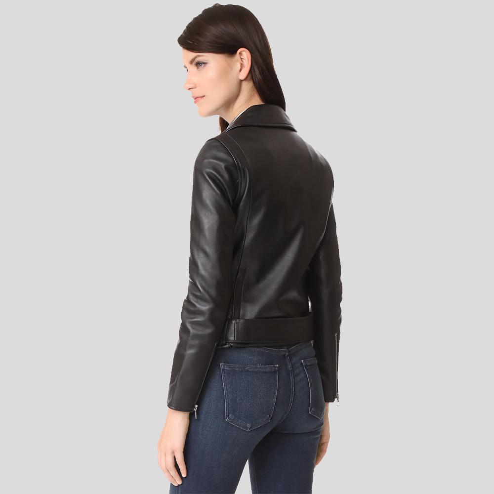 Sandra Black Biker Leather Jacket - Shearling leather