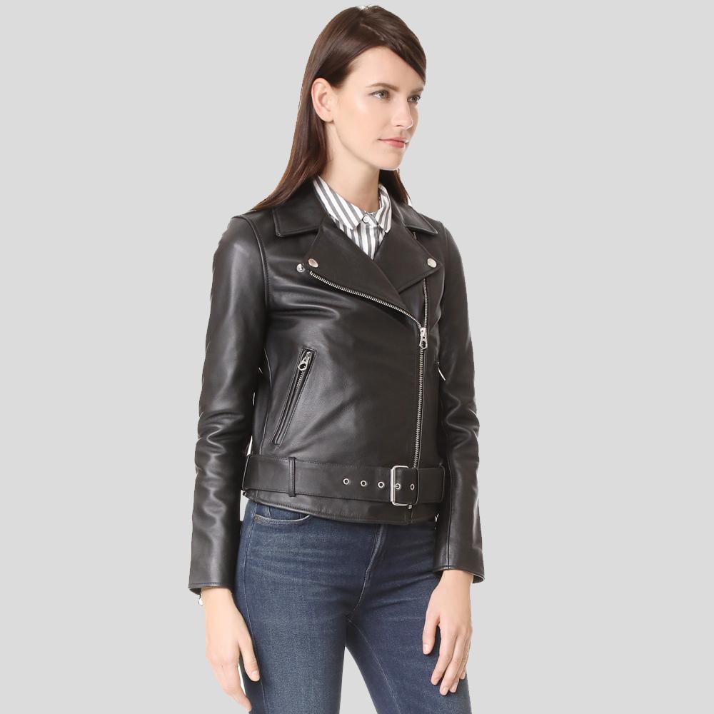 Sandra Black Biker Leather Jacket - Shearling leather
