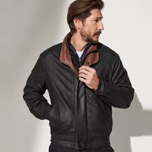 Load image into Gallery viewer, Men Black Sheepskin Leather Brown Lining Bomber Jacket
