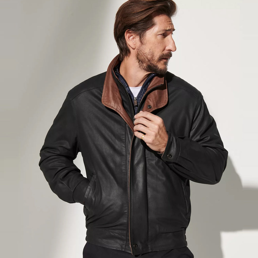 Men Black Sheepskin Leather Brown Lining Bomber Jacket