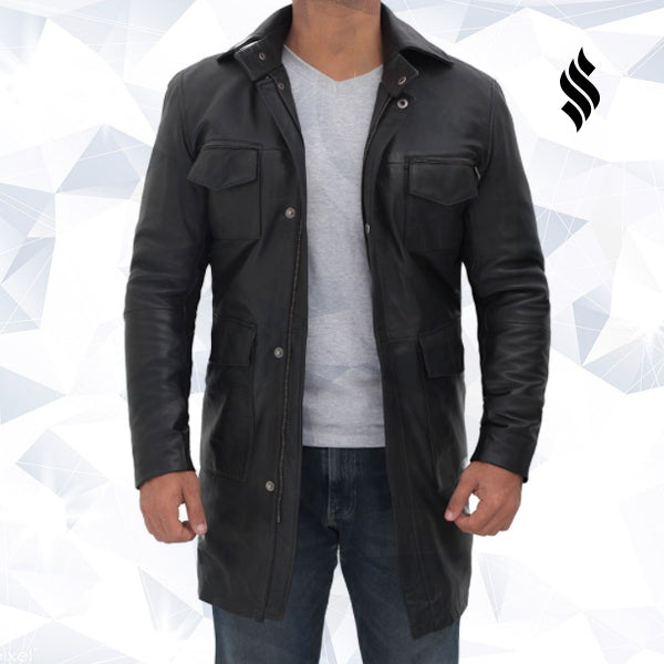 Shelby Mens Four Pocket Black Leather Trench Coat - Shearling leather
