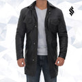 Shelby Mens Four Pocket Black Leather Trench Coat - Shearling leather