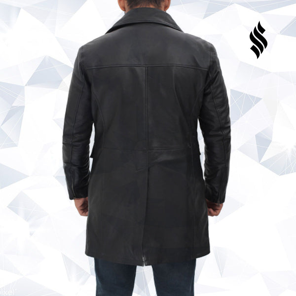 Shelby Mens Four Pocket Black Leather Trench Coat - Shearling leather