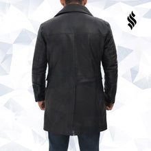 Load image into Gallery viewer, Shelby Mens Four Pocket Black Leather Trench Coat - Shearling leather
