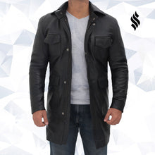 Load image into Gallery viewer, Shelby Mens Four Pocket Black Leather Trench Coat - Shearling leather
