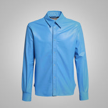 Load image into Gallery viewer, Sky Blue Lambskin Leather Shirt Men
