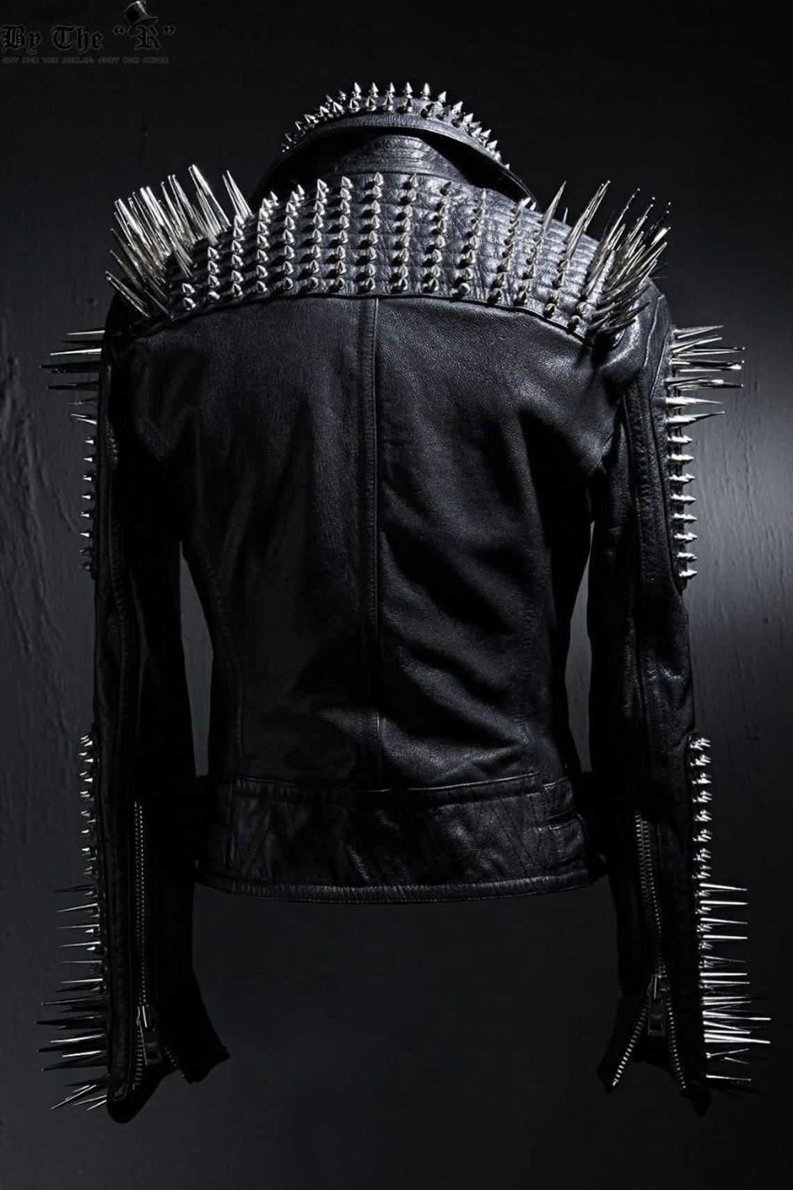 Studded Leather Jacket Women Handmade Full Black Punk Silver Long Spiked - Shearling leather