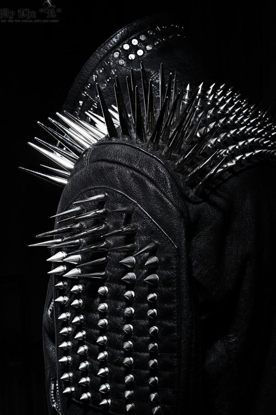 Studded Leather Jacket Women Handmade Full Black Punk Silver Long Spiked - Shearling leather