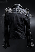 Load image into Gallery viewer, Studded Leather Jacket Women Handmade Full Black Punk Silver Long Spiked - Shearling leather
