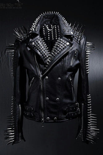 Studded Leather Jacket Women Handmade Full Black Punk Silver Long Spiked - Shearling leather