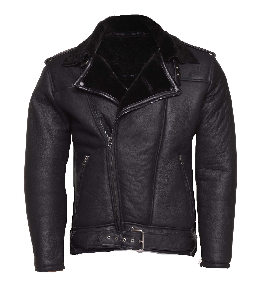 Black on Black Shearling Biker Jacket - Shearling leather