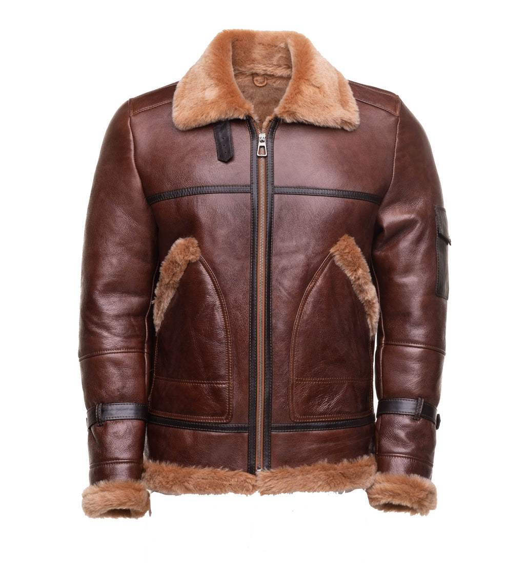 Esa Brown Bomber Sheepskin Shearling Jacket with large pockets - Shearling leather