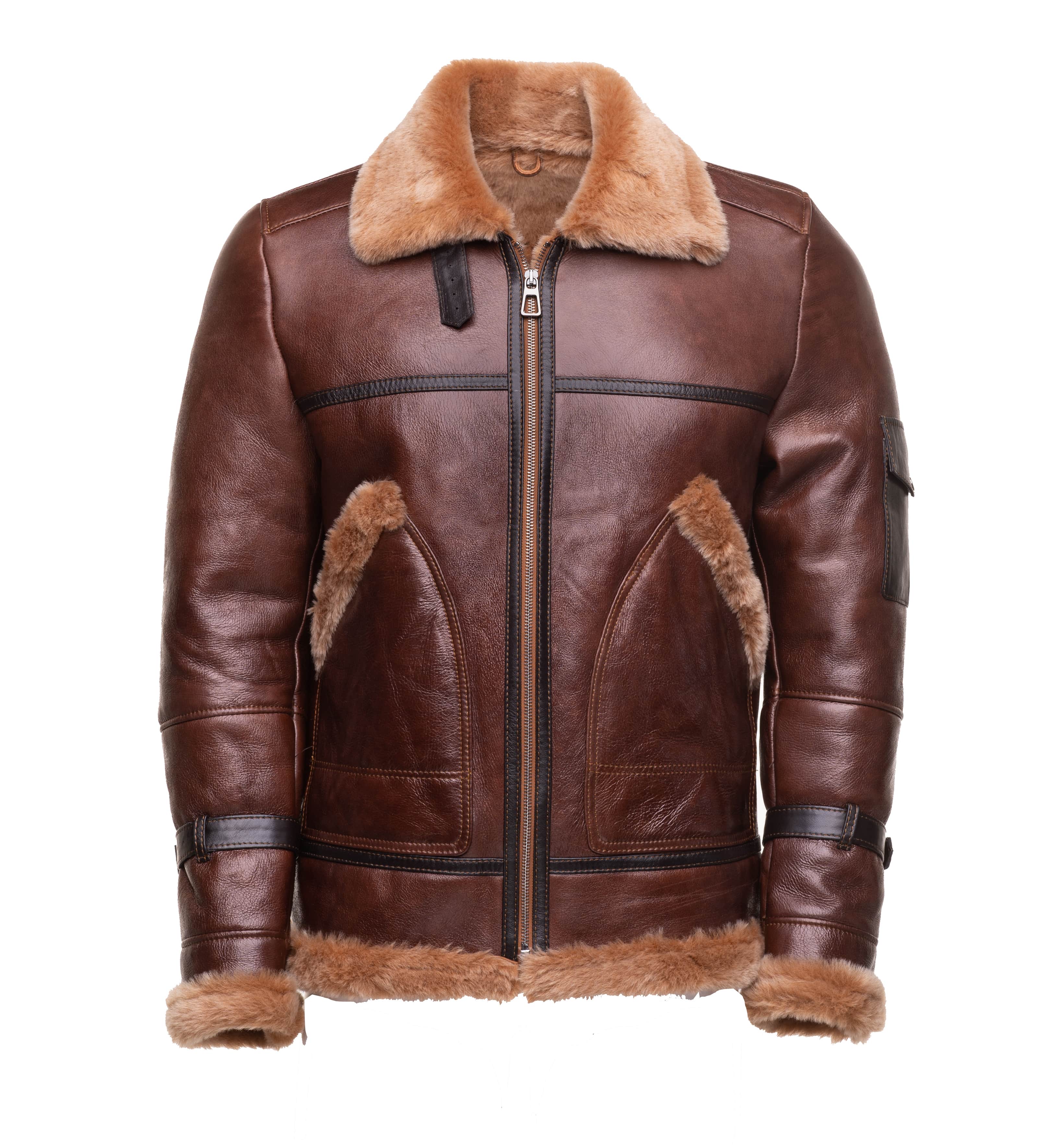 Esa Brown Bomber Sheepskin Shearling Jacket with large pockets - Shearling leather