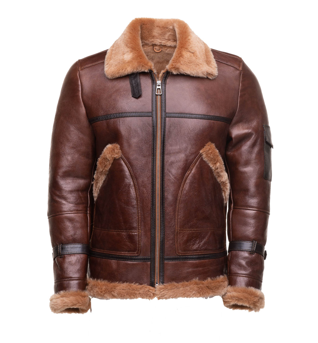Esa Brown Bomber Sheepskin Shearling Jacket with large pockets - Shearling leather
