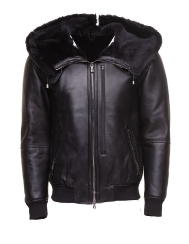 Gregos Varsity Style Sheepskin Shearling Jacket with Large Hoodie - Shearling leather