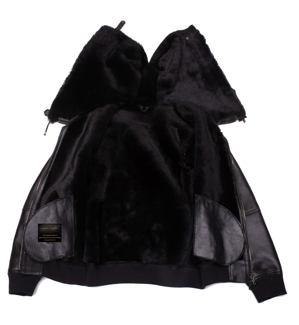 Gregos Varsity Style Sheepskin Shearling Jacket with Large Hoodie - Shearling leather