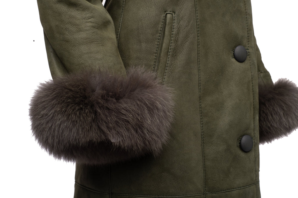 Caitlan's Shearling Sheepskin Long Coat with Fox Fur Trim - Shearling leather
