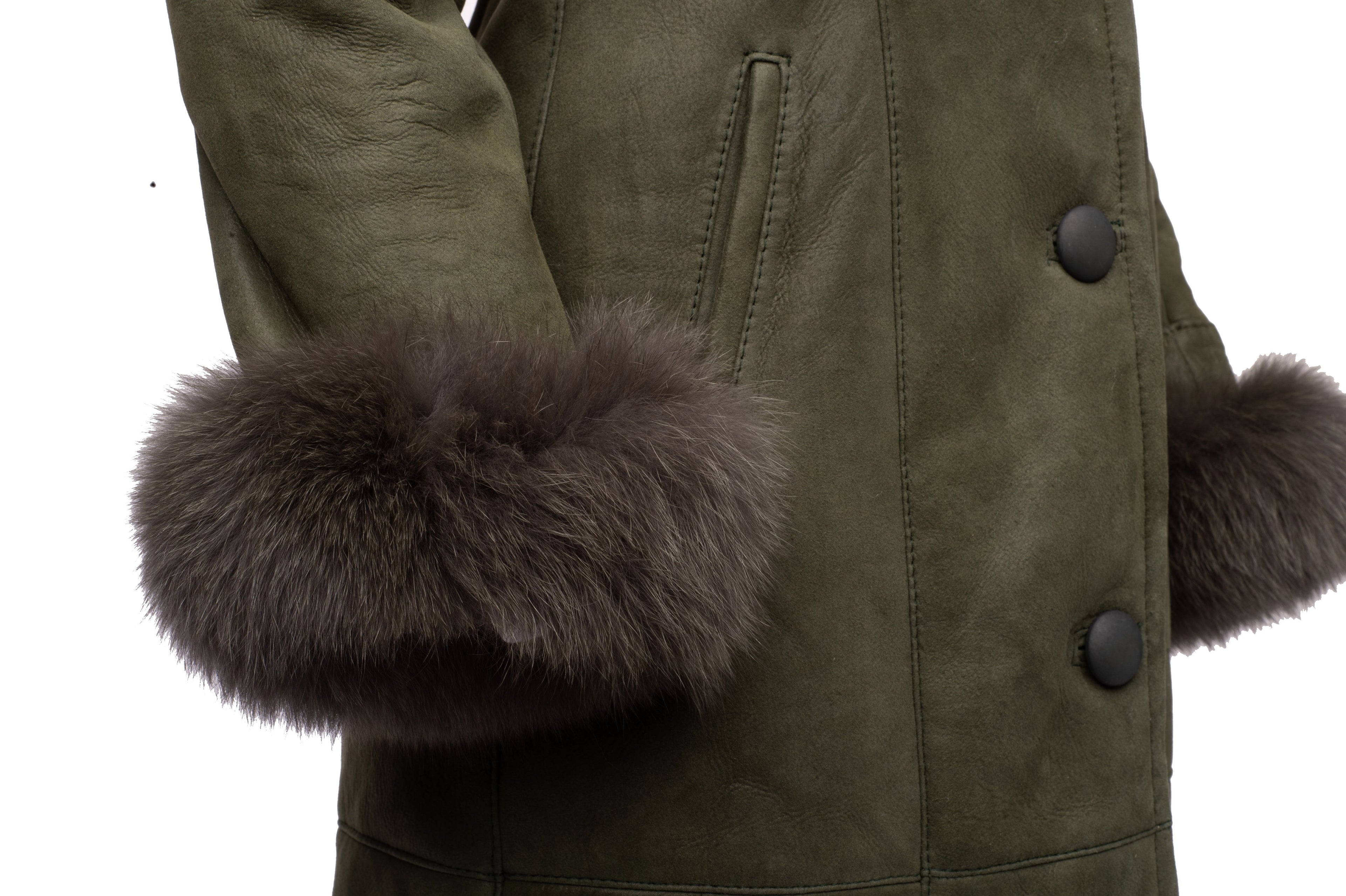 Caitlan's Shearling Sheepskin Long Coat with Fox Fur Trim - Shearling leather