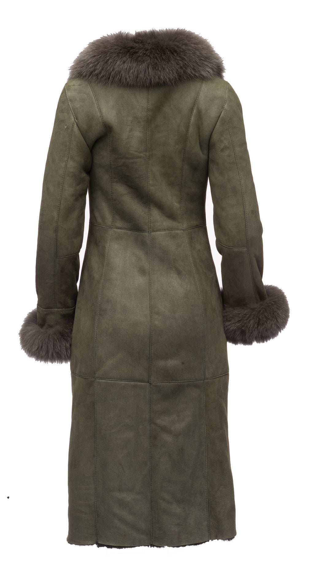 Caitlan's Shearling Sheepskin Long Coat with Fox Fur Trim - Shearling leather