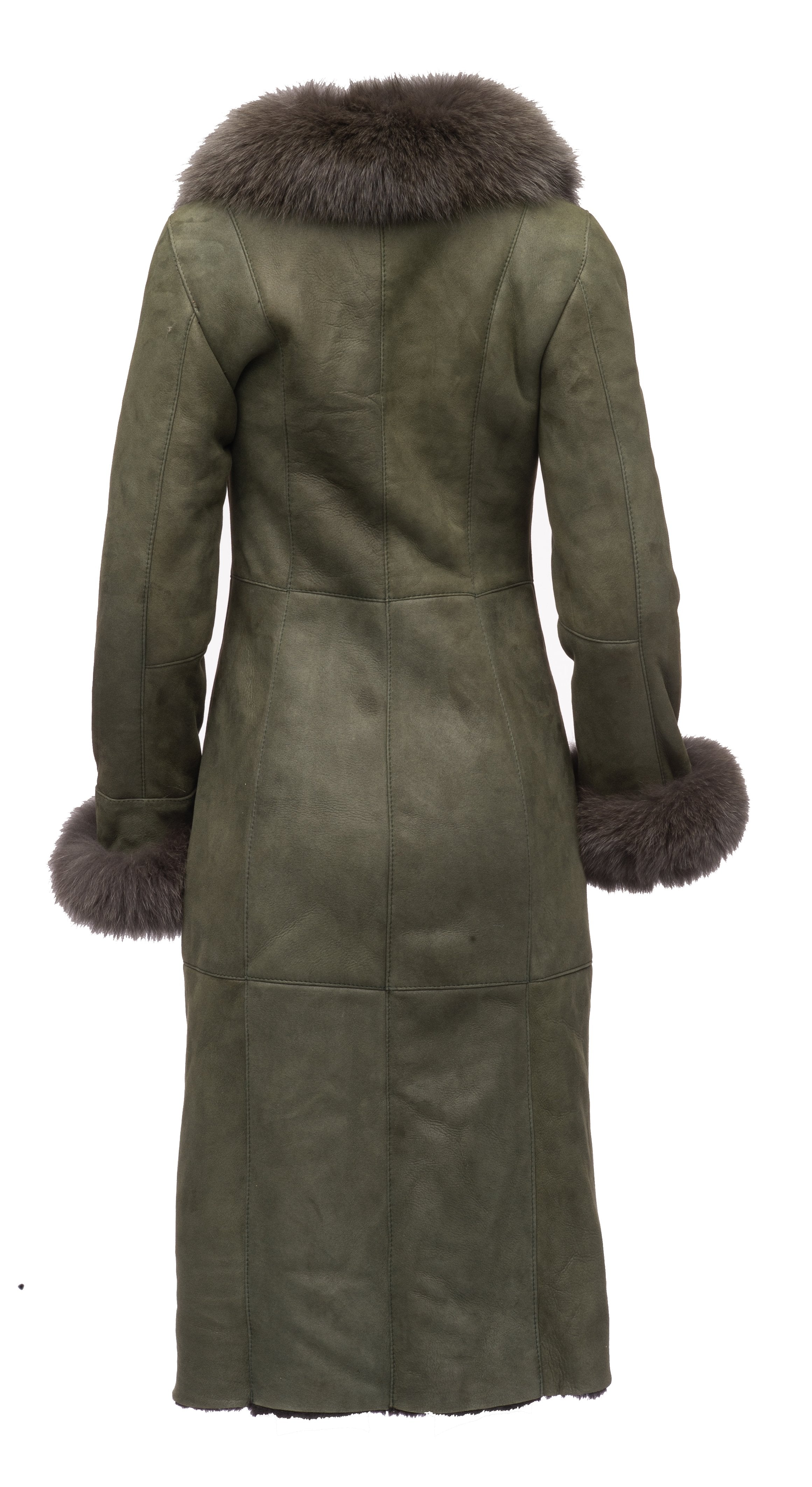 Caitlan's Shearling Sheepskin Long Coat with Fox Fur Trim - Shearling leather