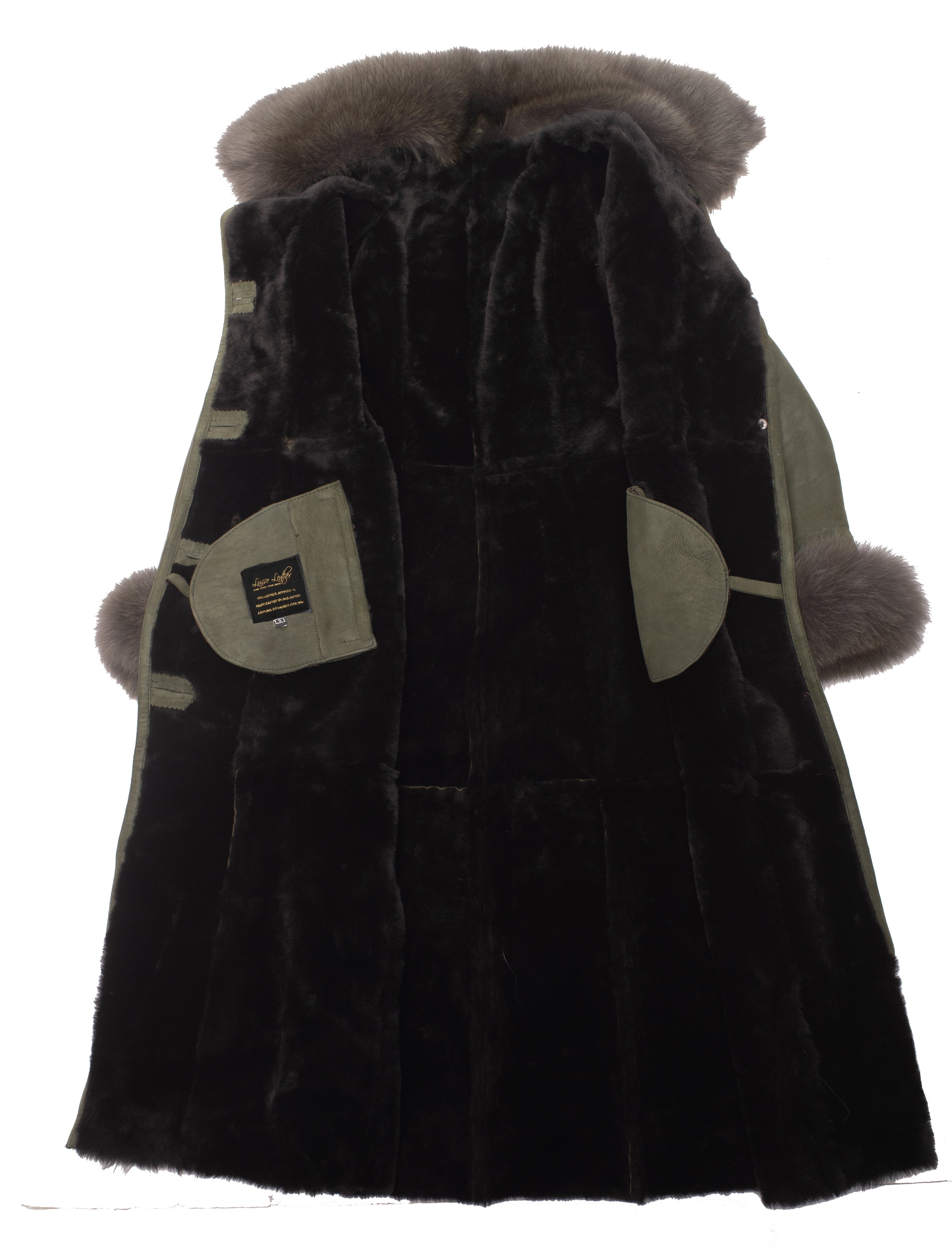 Caitlan's Shearling Sheepskin Long Coat with Fox Fur Trim - Shearling leather
