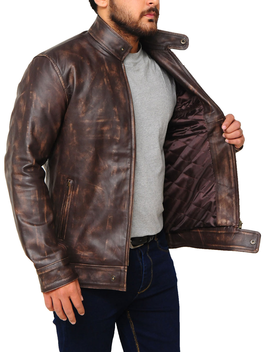 Distressed Brown Snap Tab Jacket - Shearling leather