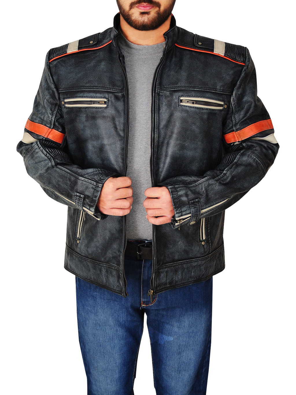 Men Distressed Black Cafe Racer Jacket - Shearling leather