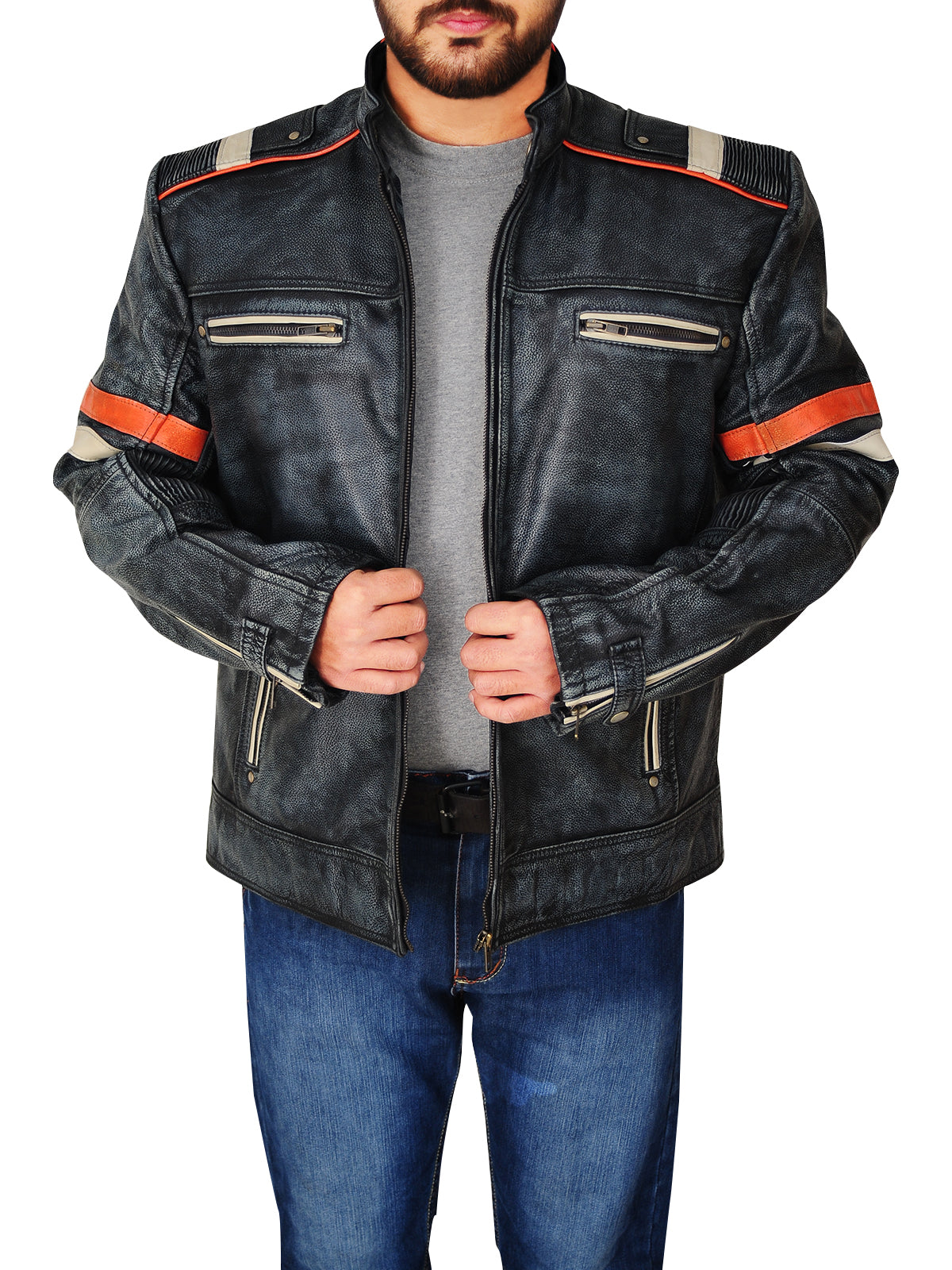 Men Distressed Black Cafe Racer Jacket - Shearling leather