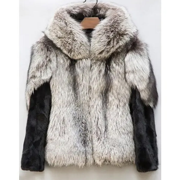 Custom Men's Warm Grey Mink Fox Skin Fur Hooded Jacket
