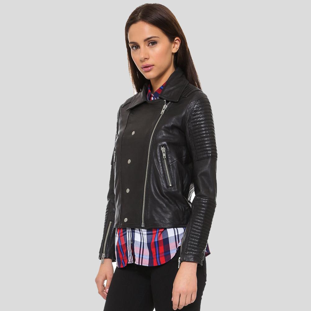 Sylvie Black Motorcycle Quilted Leather Jacket - Shearling leather