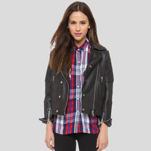 Load image into Gallery viewer, Sylvie Black Motorcycle Quilted Leather Jacket - Shearling leather
