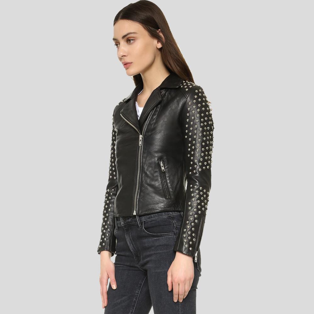 Taliyah Black Studded Leather Jacket - Shearling leather