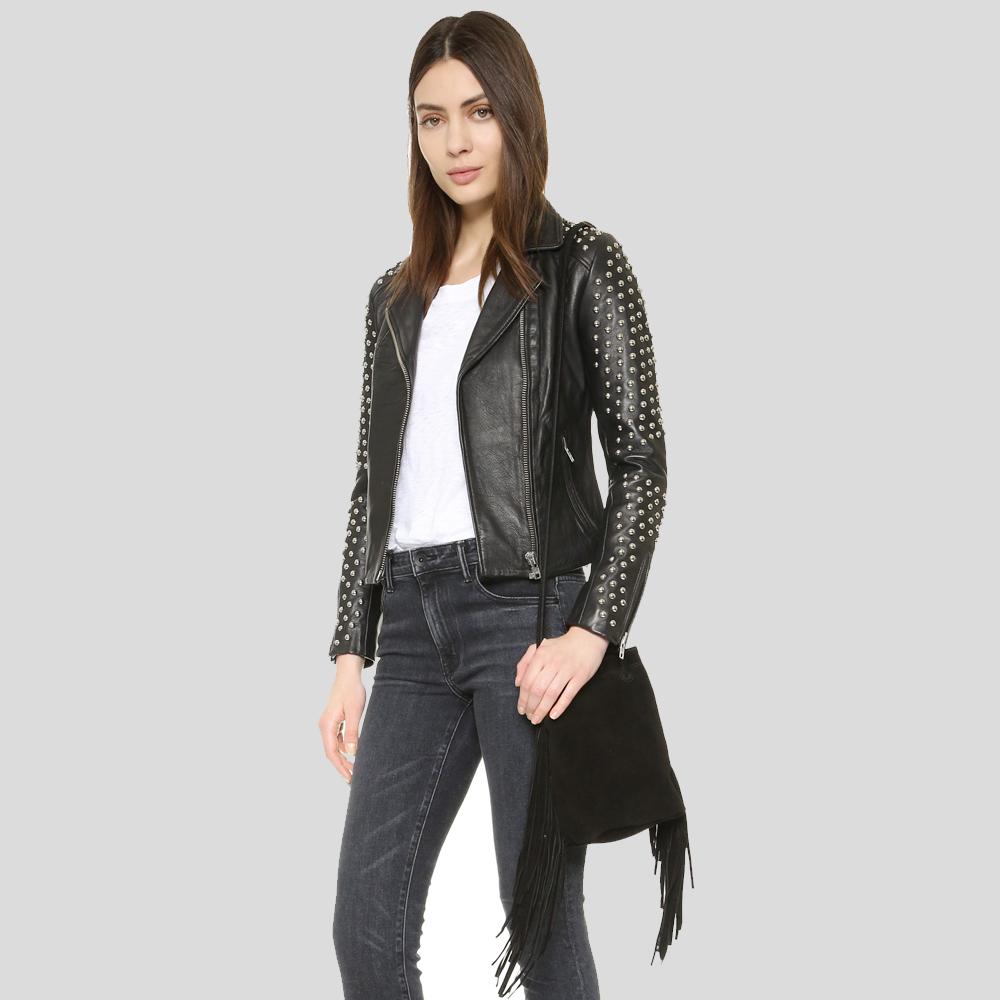 Taliyah Black Studded Leather Jacket - Shearling leather
