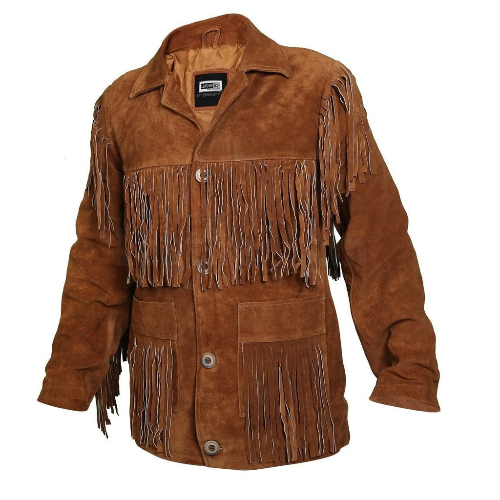 Tawny Suede Leather Jacket with Fringes - Shearling leather