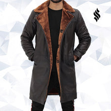 Load image into Gallery viewer, Turlock Dark Brown Shearling Leather Trench Coat Mens - Shearling leather
