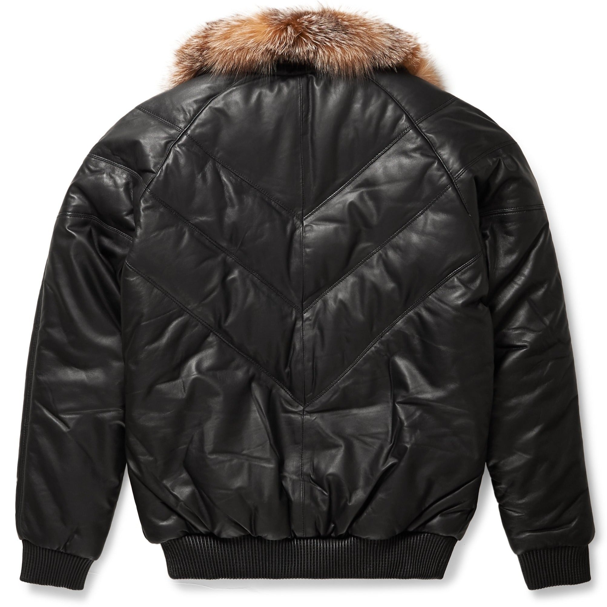 V-Bomber Jacket Black Leather w/ Crystal Fox Fur - Shearling leather