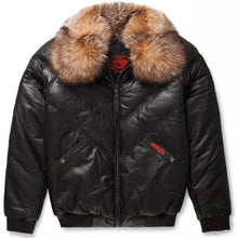 Load image into Gallery viewer, V-Bomber Jacket Black Leather w/ Crystal Fox Fur - Shearling leather
