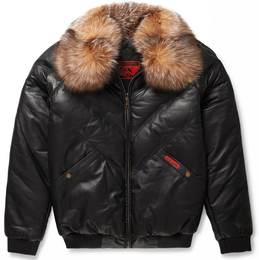 V-Bomber Jacket Black Leather w/ Crystal Fox Fur - Shearling leather