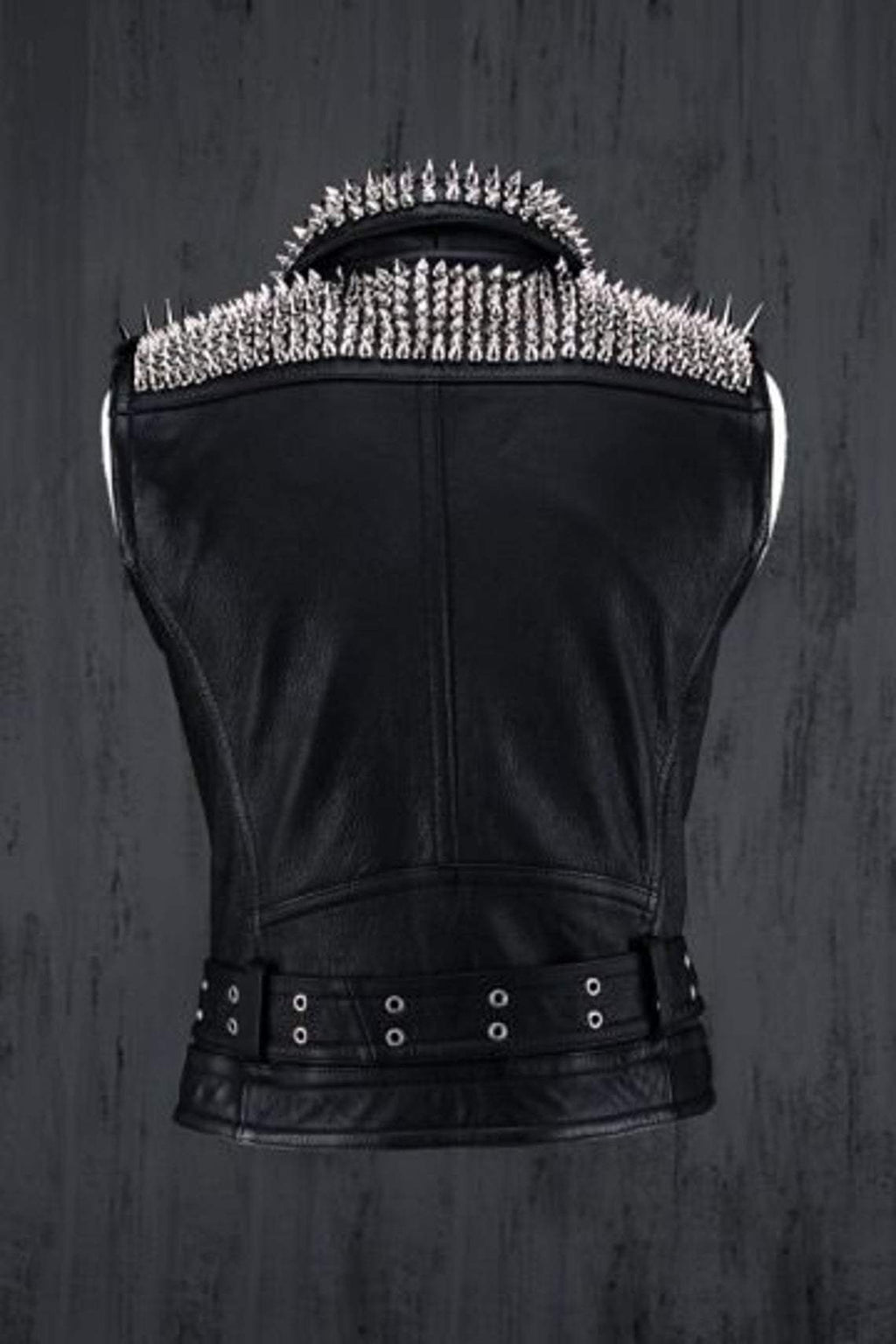 Men Black Punk Silver Long Spiked Studded Leather Buttons Up Vest Silver Studs and Spikes Black Leather Studs Spike - Shearling leather