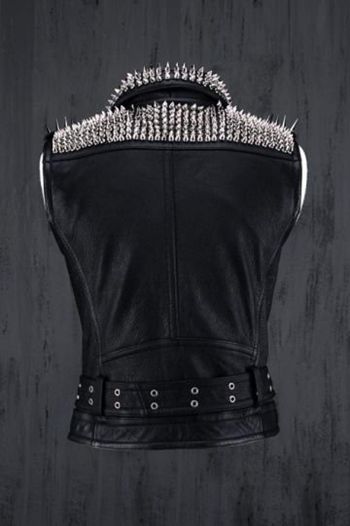 Men Black Punk Silver Long Spiked Studded Leather Buttons Up Vest Silver Studs and Spikes Black Leather Studs Spike - Shearling leather