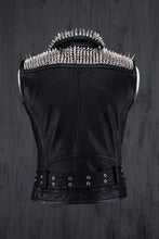 Load image into Gallery viewer, Men Black Punk Silver Long Spiked Studded Leather Buttons Up Vest Silver Studs and Spikes Black Leather Studs Spike - Shearling leather
