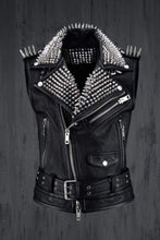 Load image into Gallery viewer, Men Black Punk Silver Long Spiked Studded Leather Buttons Up Vest Silver Studs and Spikes Black Leather Studs Spike - Shearling leather
