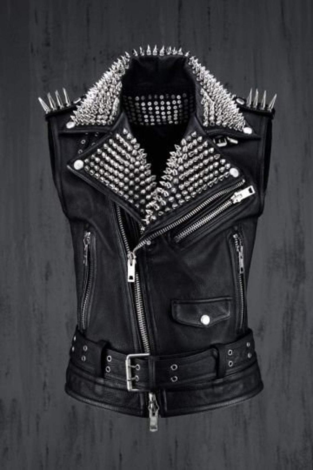 Men Black Punk Silver Long Spiked Studded Leather Buttons Up Vest Silver Studs and Spikes Black Leather Studs Spike - Shearling leather