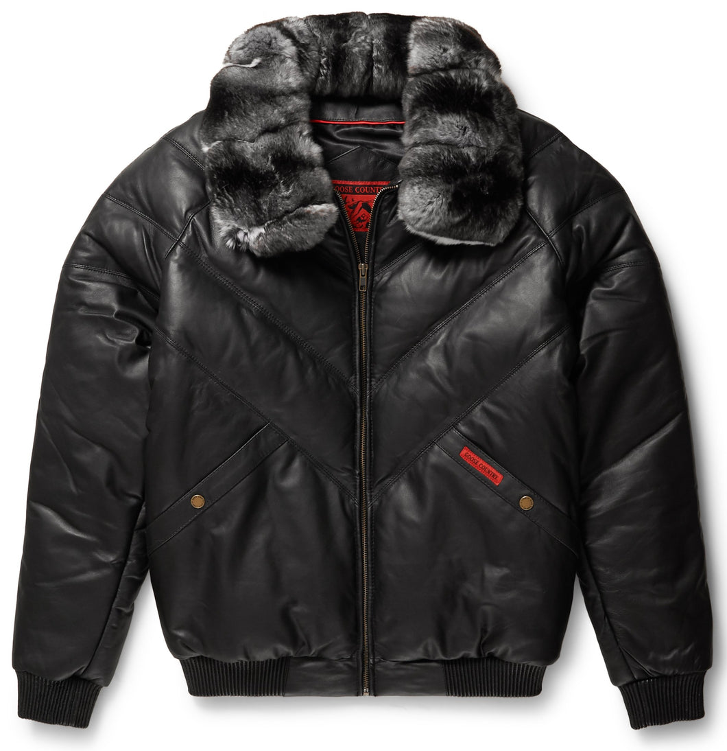 Black Leather V-Bomber Jacket - Shearling leather