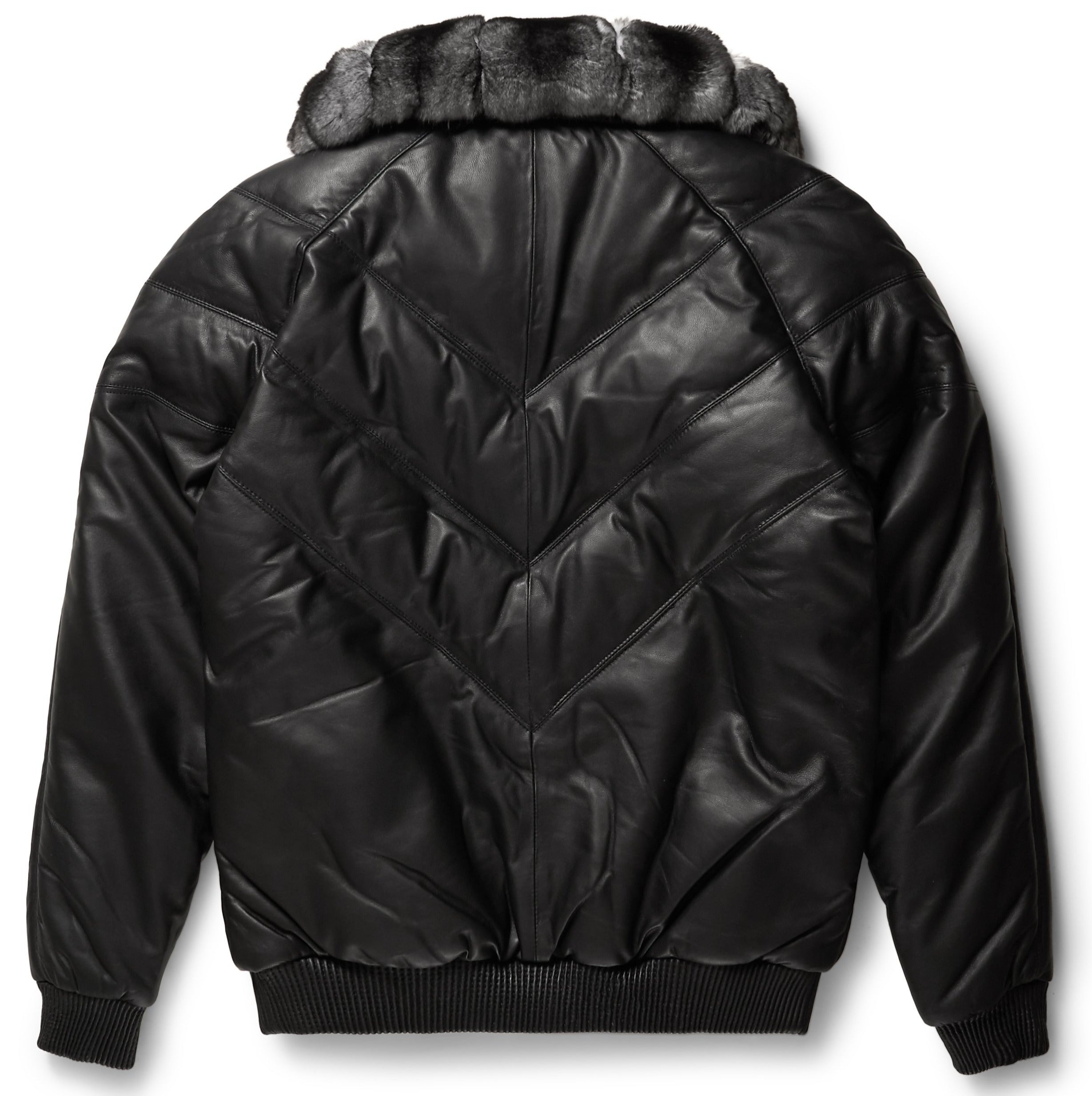 Black Leather V-Bomber Jacket - Shearling leather