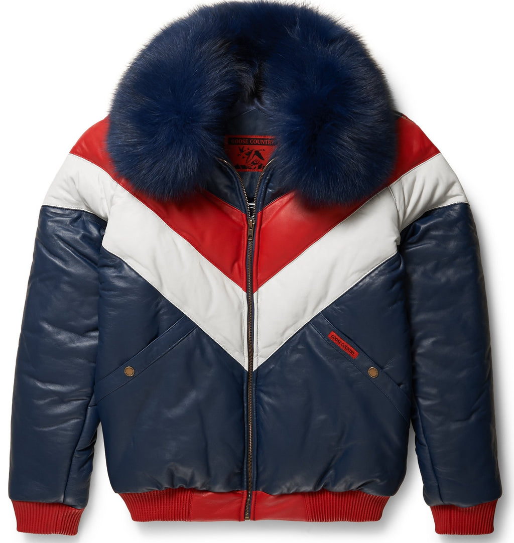 Two-Tone Leather V-Bomber Jacket - Shearling leather